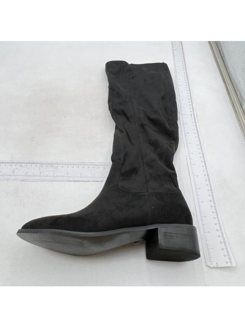 Black Almond Toe Knee High Boots with Partial Zipper Stretchy Long Boot